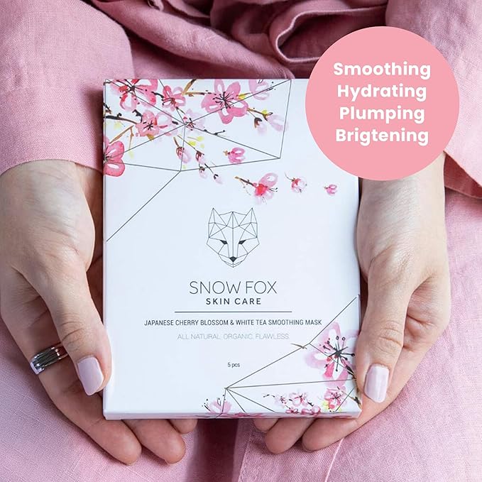Snow Fox Japanese Cherry Blossom & White Tea Smoothing Sheet Mask – Hydrating Face Mask for Glass Skin Glow & Bridal Makeup Prep – Moisturizing Facial Skin Care for all Types – 1 Pack