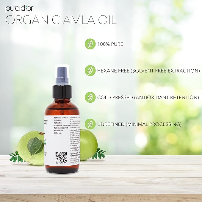 PURA D'OR Organic Amla Oil (4oz / 118mL) 100% Pure USDA Certified Premium Grade Natural Moisturizer, Cold Pressed, Hexane-Free Base Carrier for DIY Skin Care Men & Women, Pack of 1, 0.5 pounds