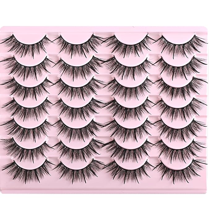FARRED Wispy Lashes Hybrid Mink Eyelashes 14 Pairs Short Cat Eye Natural Fluffy False Eyelashes Faux Mink Strip Eye Lashes Pack for Daily Makeup (F17 | 8-16 mm)