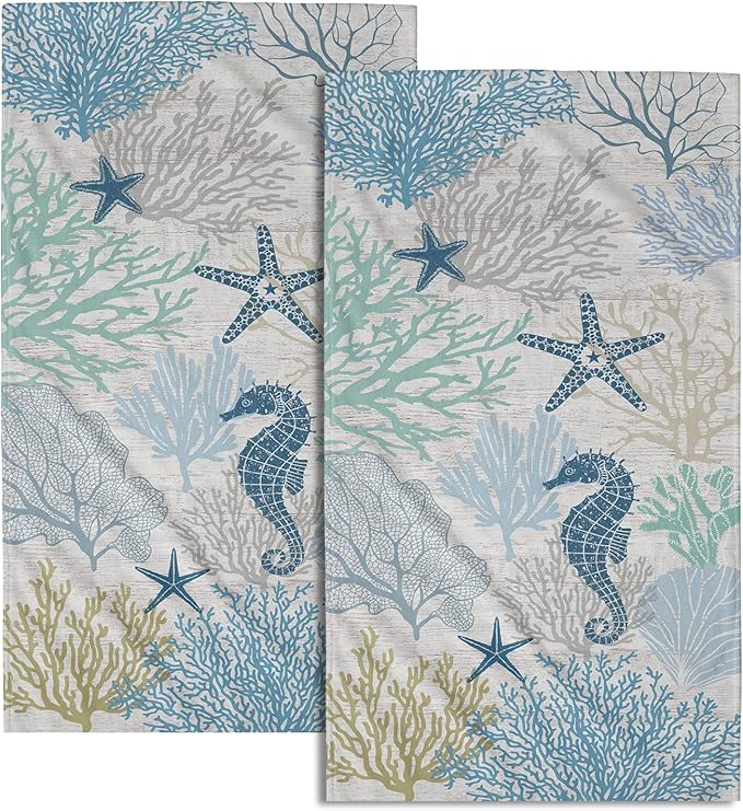 Giwawa Blue Coral Hand Towels Set of 2 Sea Horse Decorative Bathroom Towels Super Soft Absorbent Towels for Yoga Gym Spa Kitchen 28x14 Inch