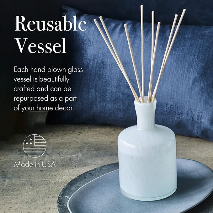 LAFCO New York Signature Reed Diffuser, Marine - 15 oz - Up to 9 Months Fragrance Life - Reusable, Hand Blown Glass Vessel - Natural Wood Reeds - Made in The USA