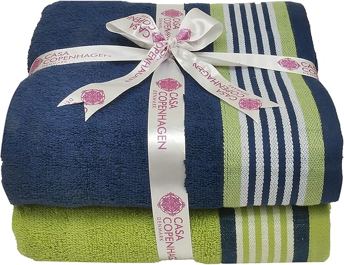 CASA COPENHAGEN He & She 4 Pieces Large Bath Towel Set- Violet Indigo + Teal Green, 550 GSM, Designed in Denmark Made of Soft Egyptian Cotton for Bathroom, Kitchen & Shower