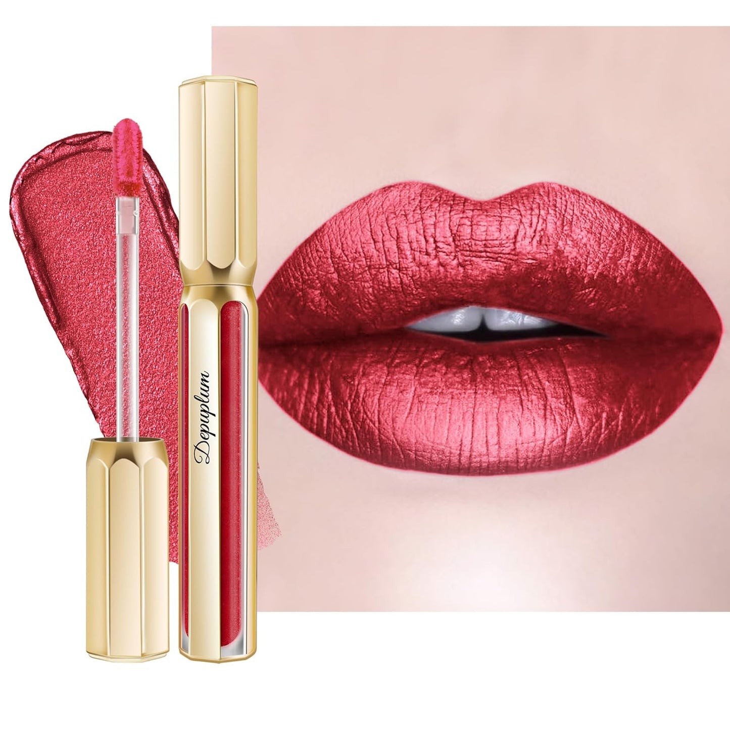 Red Lipsticks for Women Metallic Lipstick Long Lasting Non Stick Cup Lip Gloss, Metal Shine Lightweight Hydrating Full Coverage Lip Color, DP105 Red Riot