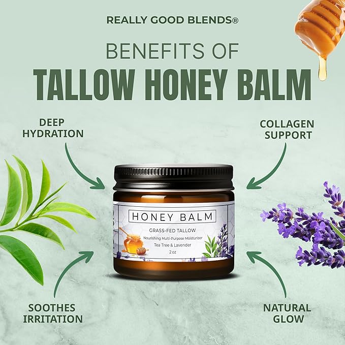 Tallow and Honey Balm, Organic Body Butter, Grass-Fed Beef Tallow for Skin, Soothing All-Natural Moisturizer for Body and Face | Made in USA - 2 oz (Tea Tree & Lavender)