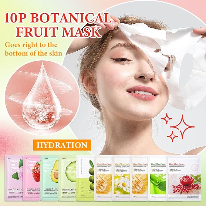 10 Pack Variety Facial Sheet Masks Skin Care Set, Hydrating Bulk Sheet Face Masks Skincare Gifts Set for Women Men, Long Lasting Moisturizing Face Mask Skincare for All Skin Type（B5)