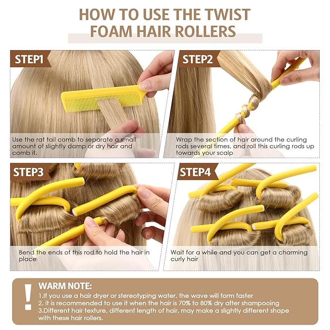 Syhood 30 Pcs 7'' Flexible Curling Rods Twist Foam Hair Rollers Soft Foam No Heat Hair Rods Rollers and 1 Steel Pintail Comb Rat Tail Comb for Women Long Short Hair(Yellow,7 x 0.3 Inch)