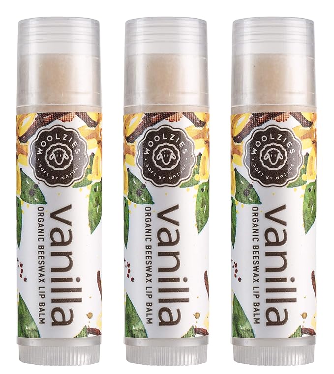 Lip Balm Set: Woolzies All-Natural Shea Butter, Beeswax, Coconut Oil, Vitamin E Infused Lip Moisturizer Care (3 Pack, Vanilla Mint)