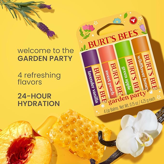 Burt's Bees Christmas Gifts - Garden Party Lip Balm Set for Stocking Stuffers, With Responsibly Sourced Beeswax, Natural Origin Lip Treatment, 4 Tubes, 0.15 oz.