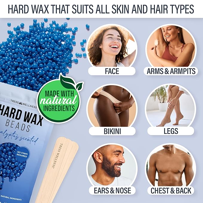 Tress Wellness Waxing Kit for Sensitive Skin – Safe for Face & Skin, Prep & Aftercare Spray, Easy to Use – At-Home Kit for Face, Bikini, Brazilian & Full Body - Digital Display, Blue