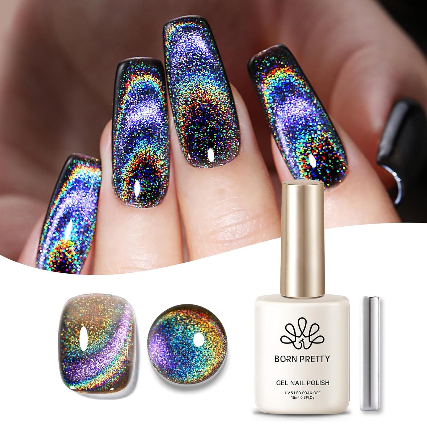 Born Pretty Cat Magnetic Eye Gel Nail Polish Holographic Rainbow Cat Magnetic Gel, Black Glitter Magnetic Soak Off U v Nail Gel Diy Art for Girls Women 15ML