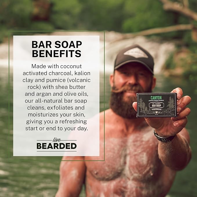 Live Bearded All-Natural Bar Soap for Men, 6-Pack of 5 oz - Made in the USA - Exfoliates and Moisturizes - Charcoal, Pumice, Shea Butter | Canyon Scent - Juniper, Cypress, Fir Needle