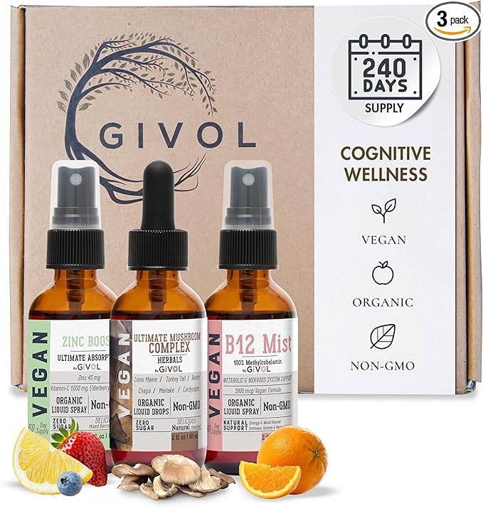 Cognitive Wellness Bundle Liquid Vitamin Trio: Methylcobalamin B12, Lions Mane, Reishi, Chaga Mushroom Complex & Zinc Picolinate: Gluten-Free, Sugar-Free, Non-GMO - 360 Days Supply