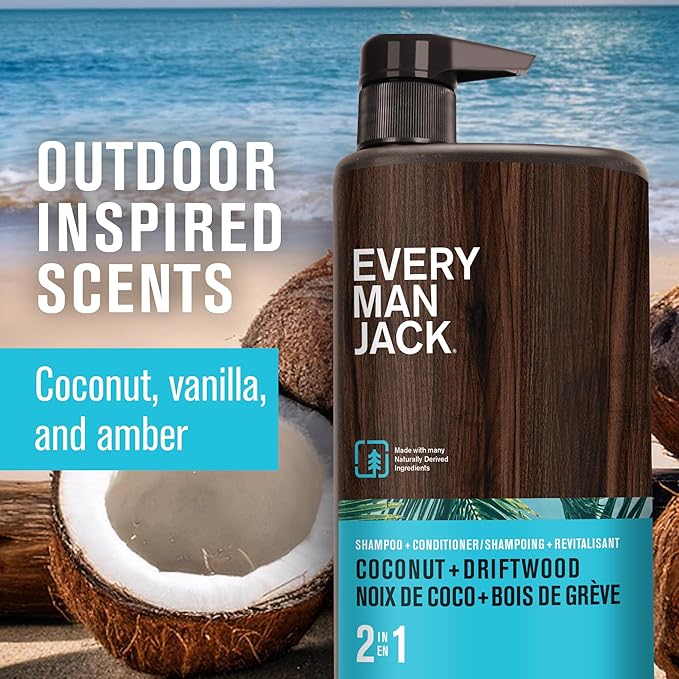 Every Man Jack 2-in-1 Daily Shampoo + Conditioner - Coconut & Driftwood | Nourishing For All Hair Types, Naturally Derived, Cruelty-Free Shampoo and Conditioner Set for Men | 24oz -1 Bottle