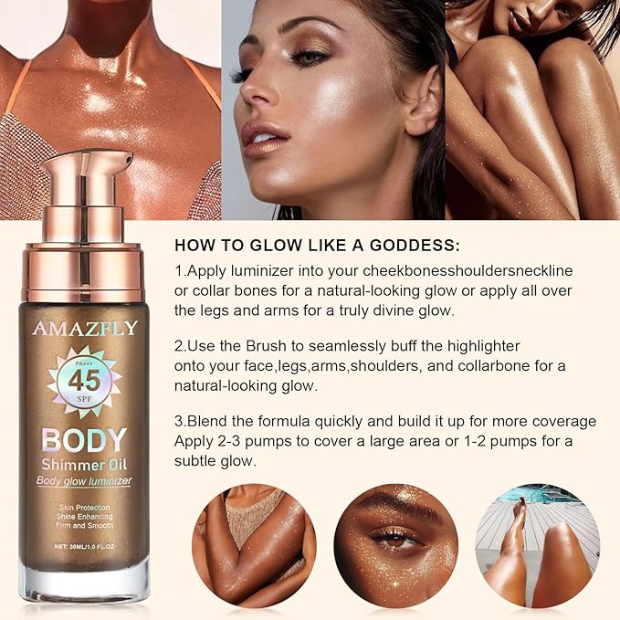 Shimmer Body Oil, SPF 45 Broad Spectrum, Sunscreen Face and Liquid Luminizer Waterproof Moisturizing, Light Shimmer Glow Illuminator, Smooth Body Highlighter Makeup (#03 Glistening Bronze)
