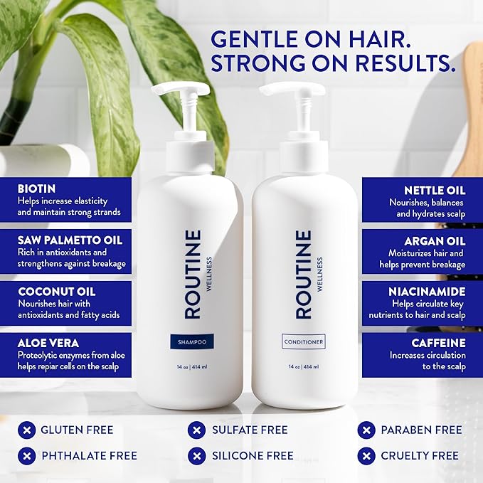Routine Wellness Anti-Thinning Shampoo and Conditioner Set for Thinning Hair - Biotin DHT Blocker Women & Men - Color Safe Shampoo for Hair Loss & Healthier Hair - Lavender & Cedar (Pack of 2)