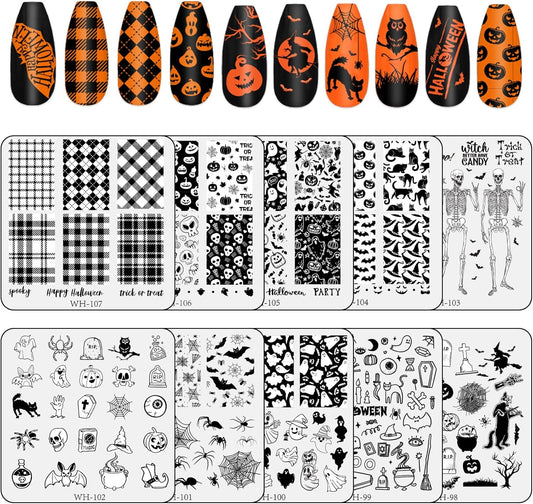 Whaline 10Pcs Halloween Nail Art Stamping Plate Kit Spooky Pumpkin Ghost Skull Plaid Design Nail Art Plate for Holiday DIY Print Manicure Salon
