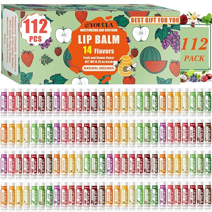 YOPELA 112 Pack Natural Lip Balm Bulk Lip Moisturizer with Vitamin E and Coconut Oil - Hydrating, Moisturizing, Soothing, and Repairing Dry and Chapped Lips Valentine's Gift - 14 Flavors - Non-GMO