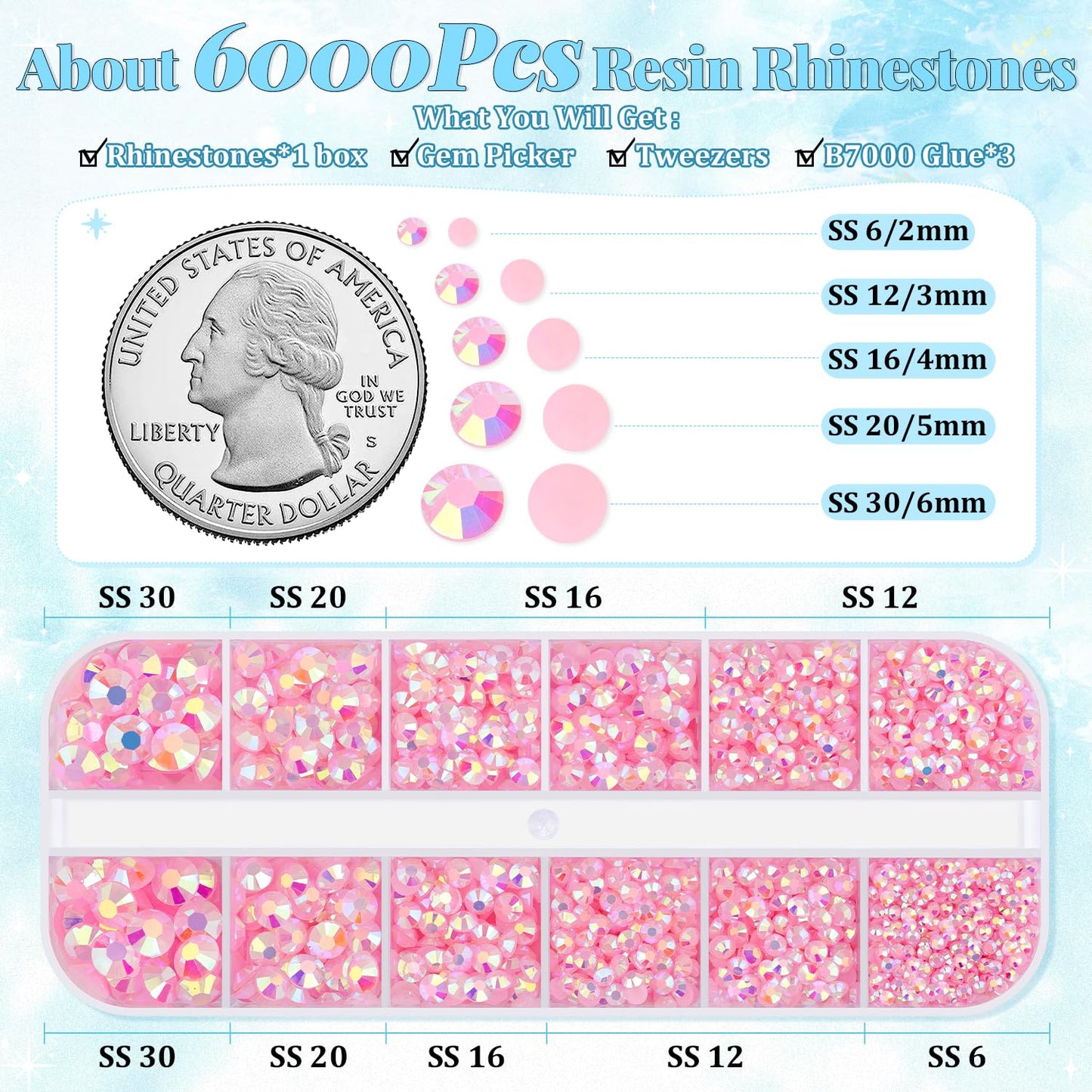 6000Pcs Resin Rhinestones for Bedazzling with 3Pcs B7000 Jewelry Glue, 1 Box Light Pink Flatback Rhinestones for Crafting Crafts DIY, Crystals Gems for Clothing Shoes Tumblers Nail Art Makeup