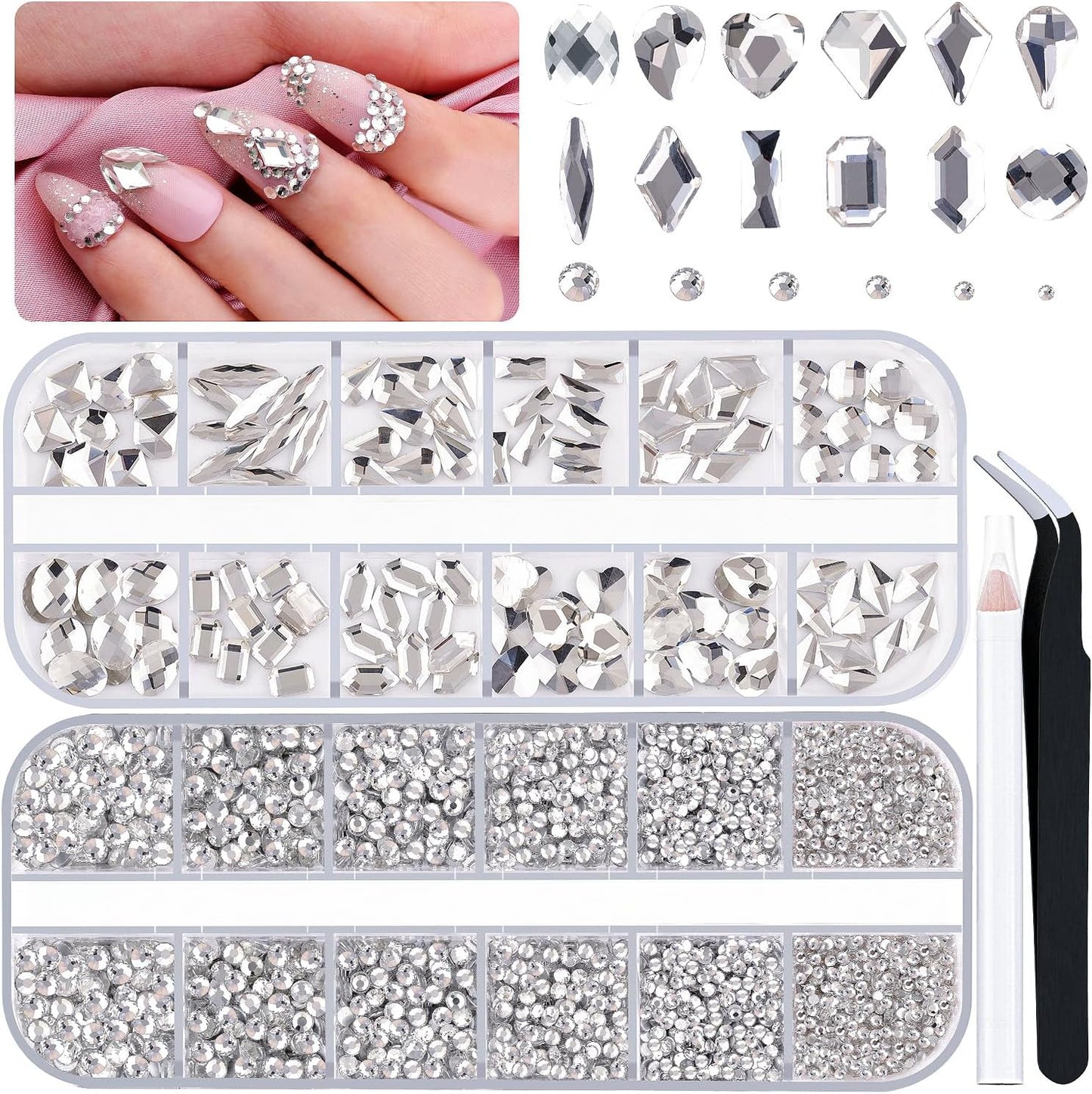 2680Pcs Silver Clear Nail Rhinestones 120Pcs Multi Shapes Glass Flatback Nail Gems + 2560Pcs 1.5-4mm Round Crystal, Manicure Nail Charms Diamond Gemstones for Acrylic Nails Decoration