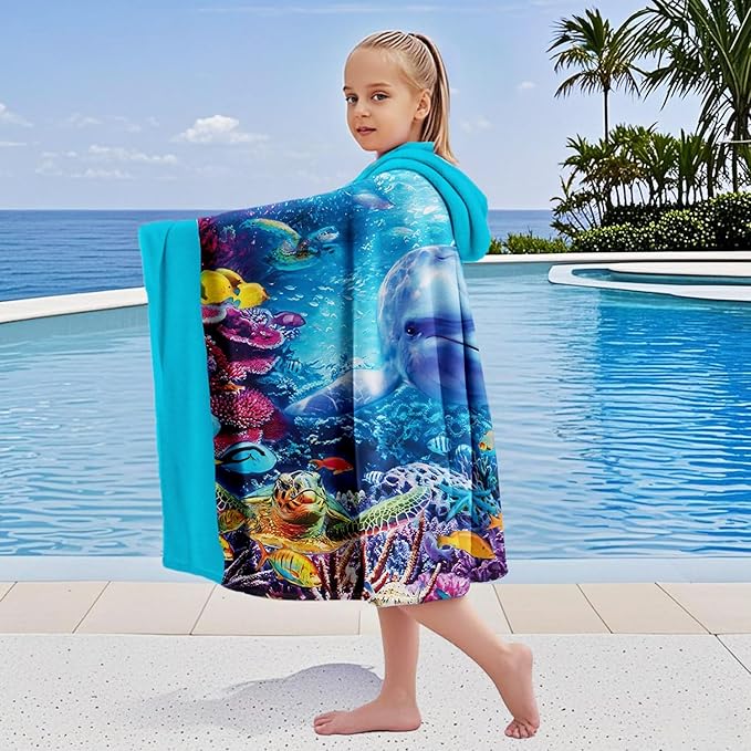 Dolphin Hooded Beach Towel for Boy, 35" x 60" Turtles & Coral Kids Poncho Bath Towel for Toddler, Bright Blue Soft Absorbent with Hood for 3-10 Years Bathrobe for Swimming Pool Bath