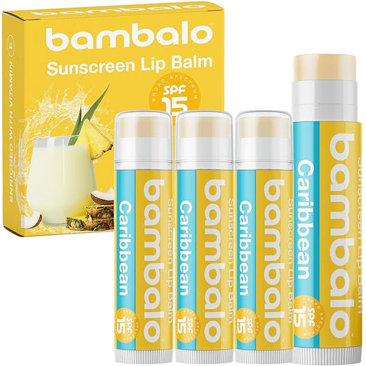 4-Pack Caribbean SPF 15 Lip Balm - Organic Ingredients, Broad Spectrum UVA/UVB Protection - Hydrating & Moisturizing, USA Made