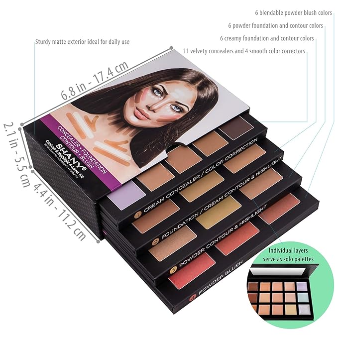 SHANY 4-Layer Contour and Highlight Makeup Kit - Set of Concealer Palette, Color Corrector, Makeup Foundation Palette, Contour Highlight, and Blush Palettes Sets
