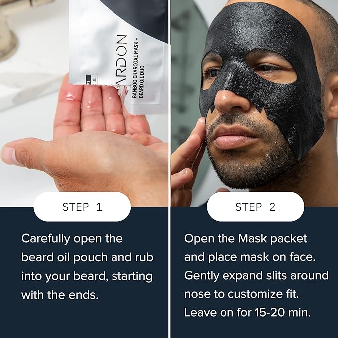 Cardon Charcoal Face Mask for Men with Beard Oil (4-Pack) | Ideal Stocking Stuffer for Men - Helps Detox, Hydrate, and Nourish with Anti-Aging Serum - Peel Off Mens Face Mask for Post Shave Soothing