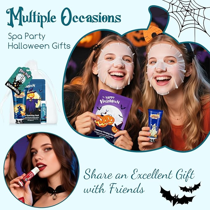 VESPRO 50 Pack Halloween Hand Cream, Facial Mask and Lip Balm Set, Bulk Halloween Gifts for Women, Halloween Decorations, Halloween Party Favors, Halloween Basket Stuffers and Halloween Skincare