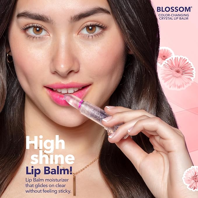 Blossom Moisturizing Custom Color Changing Crystal Lip Balm, Strawberry Scented Lip Stain Tint, Infused with Real Flowers, 3 pk, Turquoise/Pink/Purple
