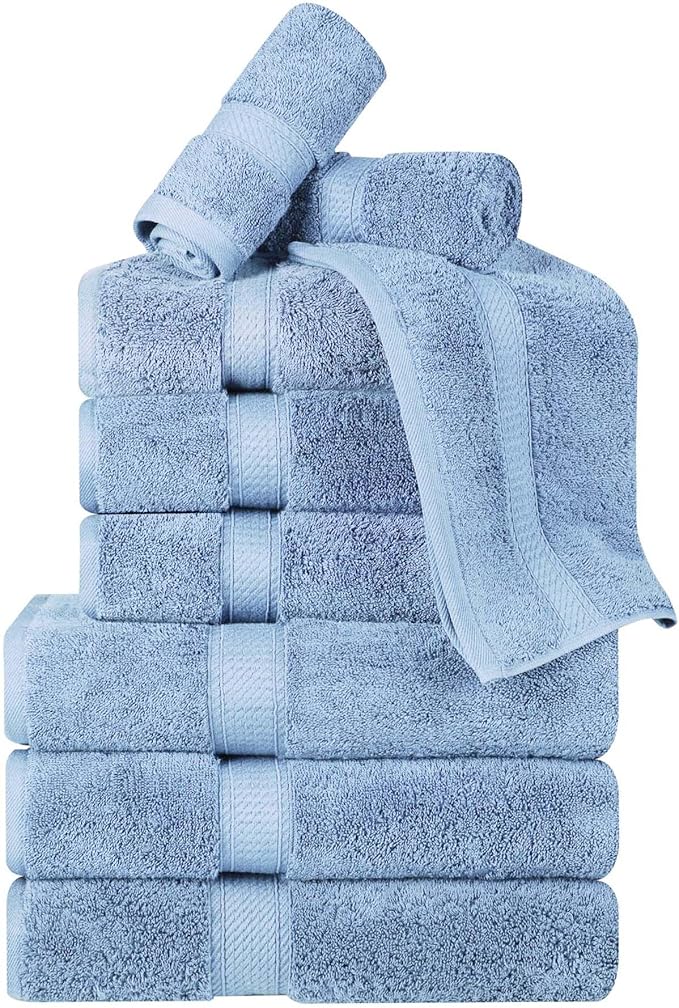 BNM Egyptian Cotton Heavyweight Towels, Ideal for Bathroom, Shower, Spa, Hotel, 800 GSM, Face/Washcloths, Hand Towels, Bath Towels, Highly-Absorbent, Luxury Home Basics, 9 Piece Towel Set, Light Blue