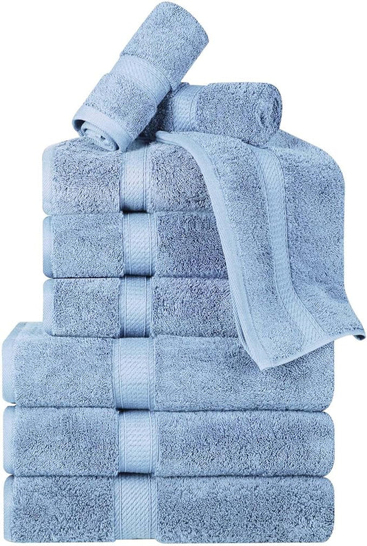 BNM Egyptian Cotton Heavyweight Towels, Ideal for Bathroom, Shower, Spa, Hotel, 800 GSM, Face/Washcloths, Hand Towels, Bath Towels, Highly-Absorbent, Luxury Home Basics, 9 Piece Towel Set, Light Blue