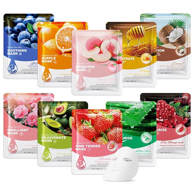 10 Pack Variety Facial Sheet Masks Skin Care Set, Hydrating Bulk Sheet Face Masks Skincare Gifts Set for Women Men, Long Lasting Moisturizing Face Mask Skincare for All Skin Type（C)
