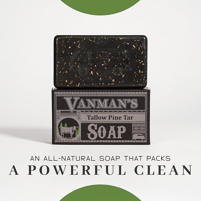 VanMan Tallow & Pine Tar Soap Bar – Grass-Fed Beef Tallow with Organic Oatmeal, Charcoal & Essential Oils – Exfoliating Face & Body Soap, 3.8oz - 10 Pack