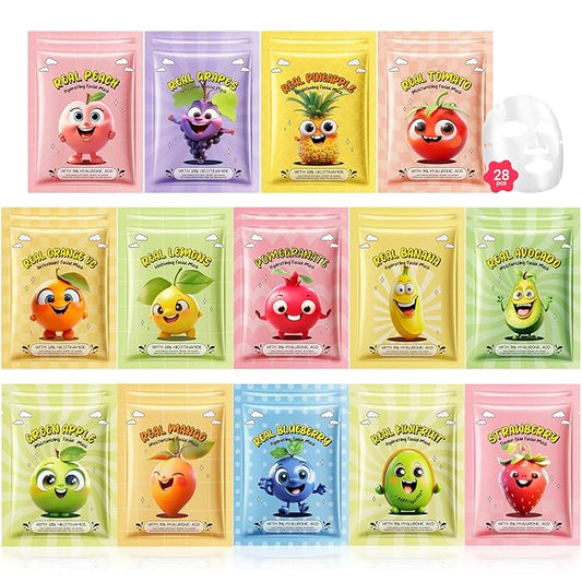 Erinde 28 Pack Fruit Face Masks Skincare for Kids, Sheet Hydrating Facial Mask for All Skin Types, Bulk Face Mask for Women Skin Care, Spa Birthday Party Gifts for Teens Girls