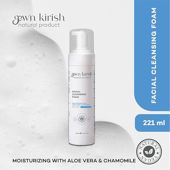 Gew’n Kirish Facial Cleansing Foam – Gentle Daily Cleanser for All Skin Types, With Aloe Vera, Chamomile, Niacinamide, Moisture-Balancing Soft Lather, 7.5 fl oz