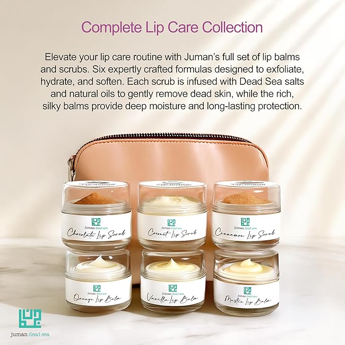 Juman Dead Sea Minerals Lip Care Set Trio | Lip Exfoliator Scrubs & Moisturizing Lip Balms | Ultra Gift Set | Hydrates & Protects | With Essential Oils | Vegan | SLS & Paraben-Free
