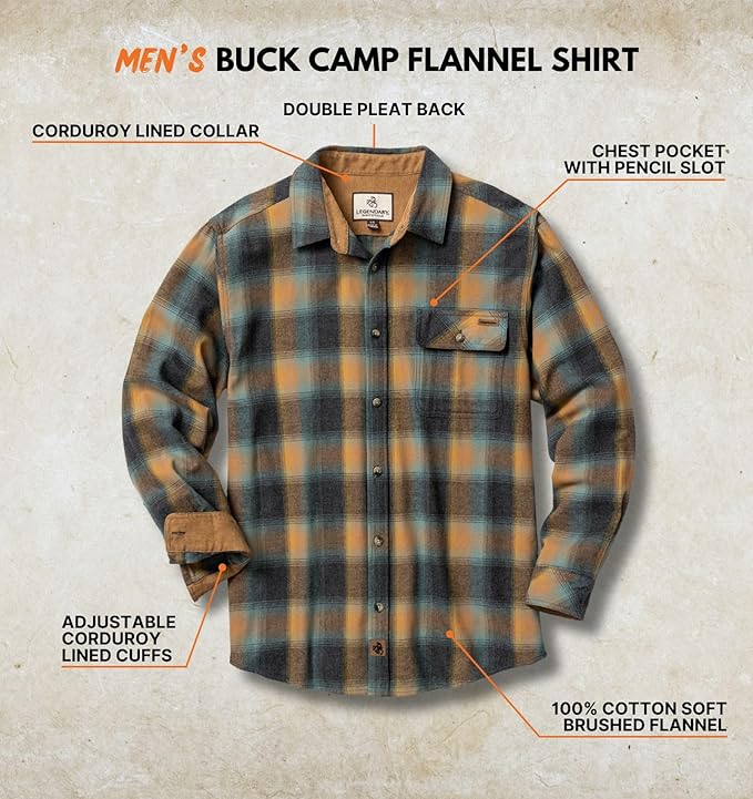 Legendary Whitetails Men's Flannel Shirt Long Sleeve Button Down 100% Cotton