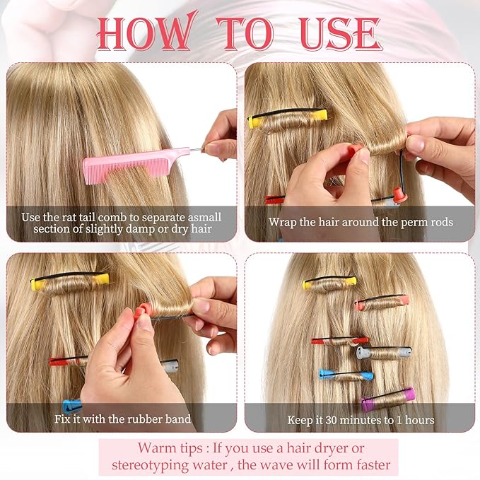 48 Pieces Hair Perm Rods Short Cold Wave Rods Plastic Perming Irons Hair Curling Rollers Curlers with Steel Pintail Comb Rat Tail Comb for Hairdressing Styling Supplies(6 Sizes,6 Colors)
