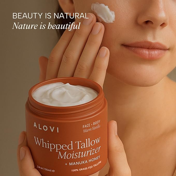 Whipped Tallow Moisturizer, Grass Fed Beef Tallow for Skin, Tallow Face Moisturizer, Beef Tallow and Honey Balm for Face & Body, Infused with Manuka Honey, Calendula & Almond Oil, Warm Vanilla Scent