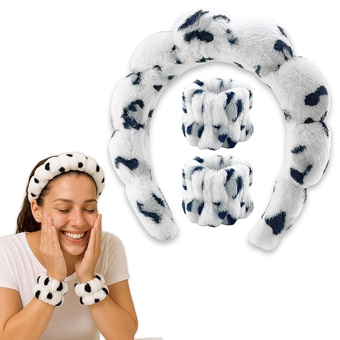 Spa Headband Wrist Band for washing face set Sponge Makeup Skincare Headband Wrist Towels Bubble Soft Terry Towel Cloth Hairband for Women Puffy Headwear Non Slip Thick Thin Hair Headwear (Leopard)