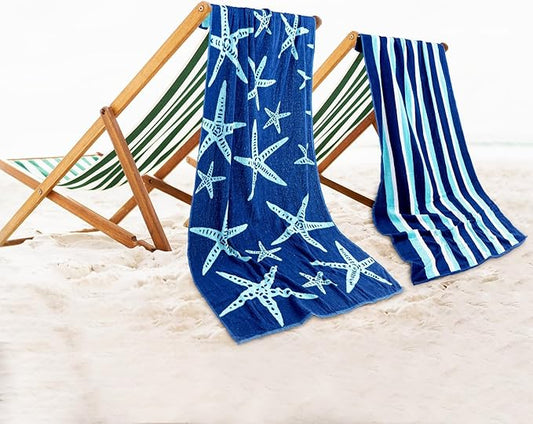 CASA COPENHAGEN Miami Bath Sheets Designed in Denmark Rough and Tough, Quick Dry, for Pool, Bath & Shower 35"x70", 2 Pieces Cotton Beach Towels Set - Star Fish Navy + Turquoise Stripe