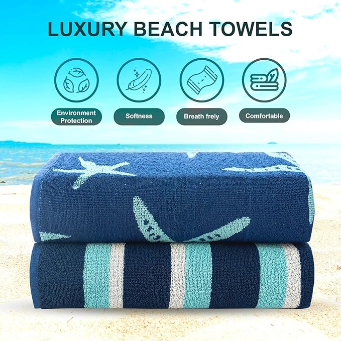 CASA COPENHAGEN Miami Bath Sheets Designed in Denmark Rough and Tough, Quick Dry, for Pool, Bath & Shower 35"x70", 2 Pieces Cotton Beach Towels Set - Star Fish Navy + Turquoise Stripe