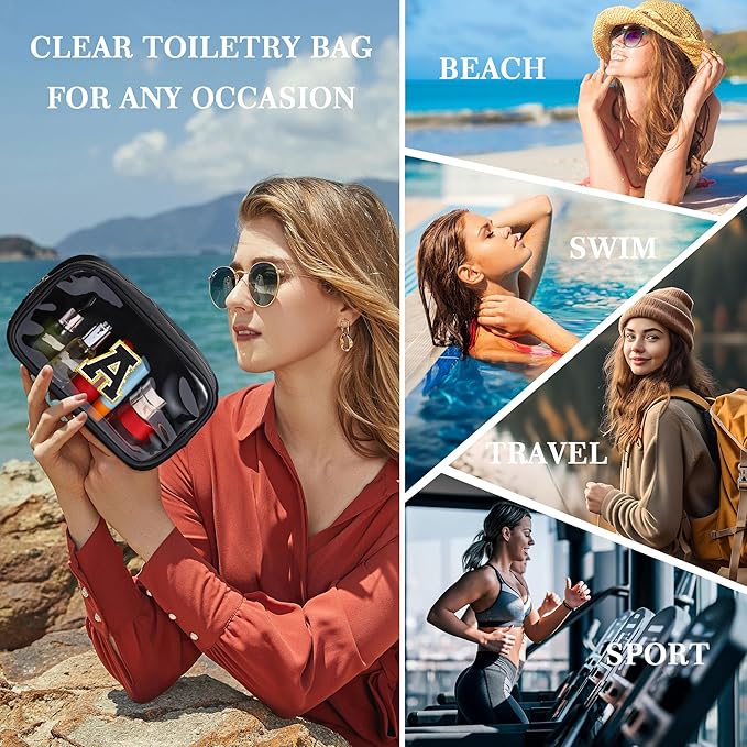 YOOLIFE Travel Clear Makeup Bag Toiletry Bag, Make up Bag Waterproof Toiletry Bags for Women Cosmetic Bag Birthday Gifts for Women Personalized Mother Girlfriend Wife Bridesmaid Gifts Black Letter C