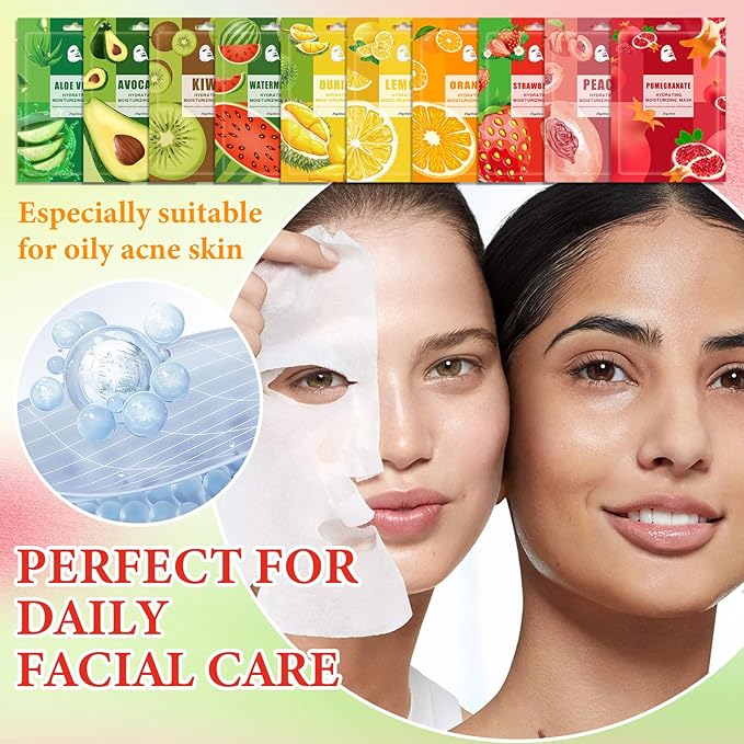 10 Pack Variety Facial Sheet Masks Skin Care Set, Hydrating Bulk Sheet Face Masks Skincare Gifts Set for Women Men, Long Lasting Moisturizing Face Mask Skincare for All Skin Type(A)