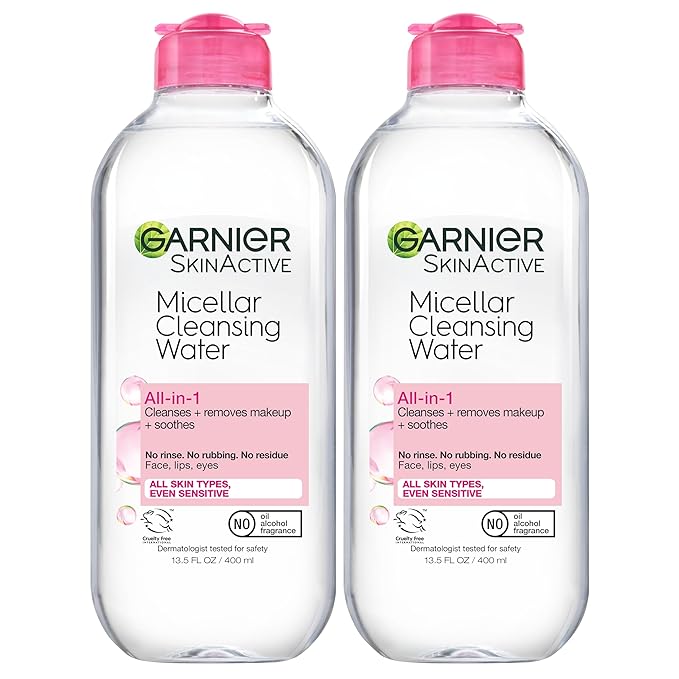 Garnier Micellar Water, Hydrating Facial Cleanser & Makeup Remover, Suitable for Sensitive Skin, Vegan, Cruelty Free, 13.5 Fl Oz (400mL), 2 Count