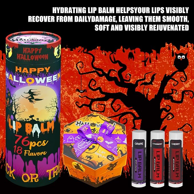 Yopela 76 Pack Halloween Lip Balm Party Favors, Lip Care Set with Vitamin E & Coconut Oil to Moisturize Repair Dry Chap Lips, 18 Flavors,Perfect for Trick-or-Treat Gifts or Goodie Bag Stuffers