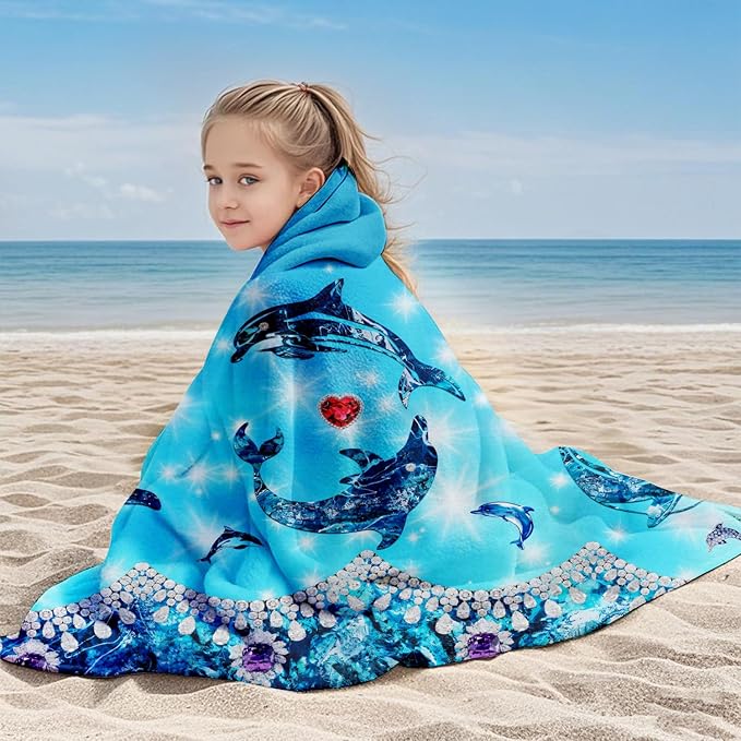 Dolphin Hooded Beach Towel for Girls, 30" x 50" Glittering Ocean Design Kids Poncho Bath Towel for Toddler, Light Blue Soft Absorbent with Hood for 3-10 Years Bathrobe for Swimming Pool Bath