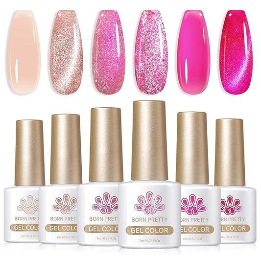 Born Pretty Gel Nail Polish Pink Series,Jelly Transparent Gel Polish, Cat Magnetic Eye,Holographic Glitter Hot Pink Nude Gel Polish for Salon Manicure and Nail Art DIY at Home 6 Colors