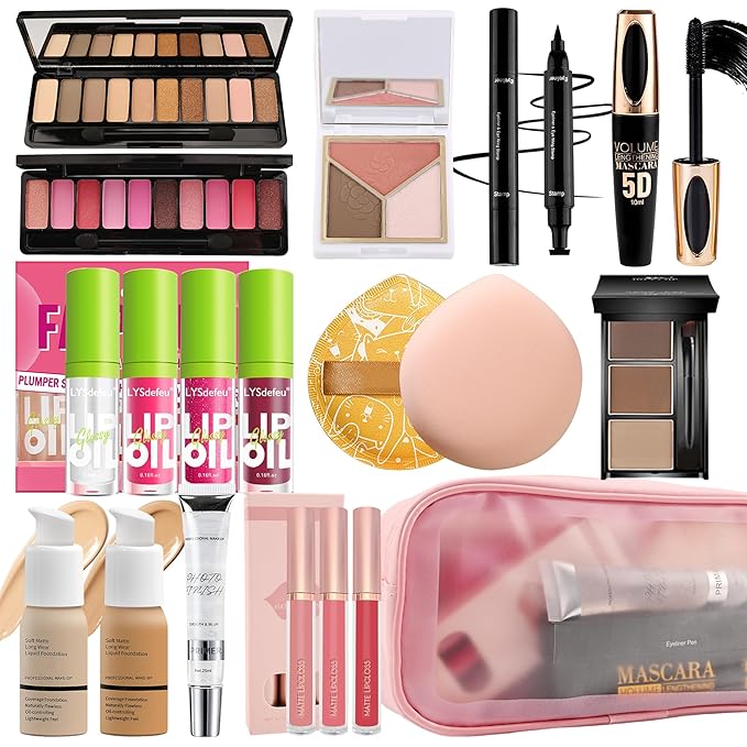 All in One Makeup Set Kit for Women Full Kit,Makeup Gift Kit with Everything,Mascara Eyebrow Eyeliner Eyeshadow Foundation Face Primer Lip Oil Lip Gloss Blush Highlighter Palette for Women Teens-Set A