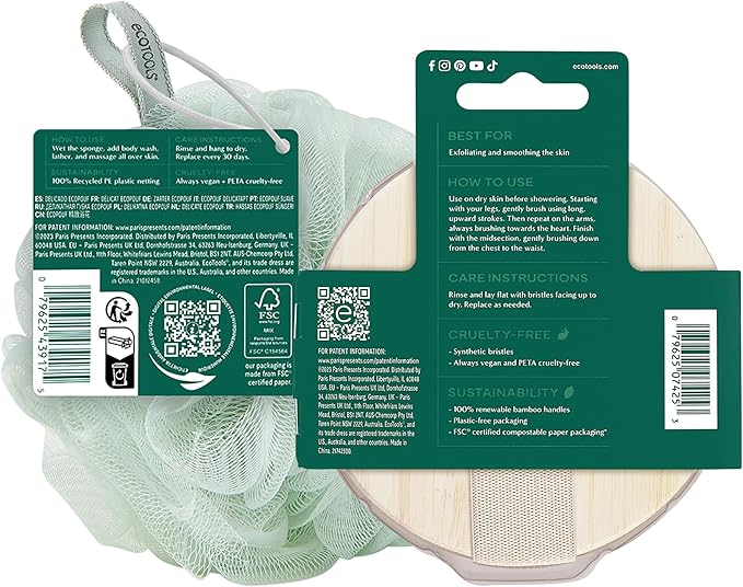 EcoTools Dry Body Brush for Circulation, Dead Skin Removal + Green Delicate EcoPouf Made with Recycled Netting for Cleansing & Exfoliating Sensitive Skin, Self-Care Gifts